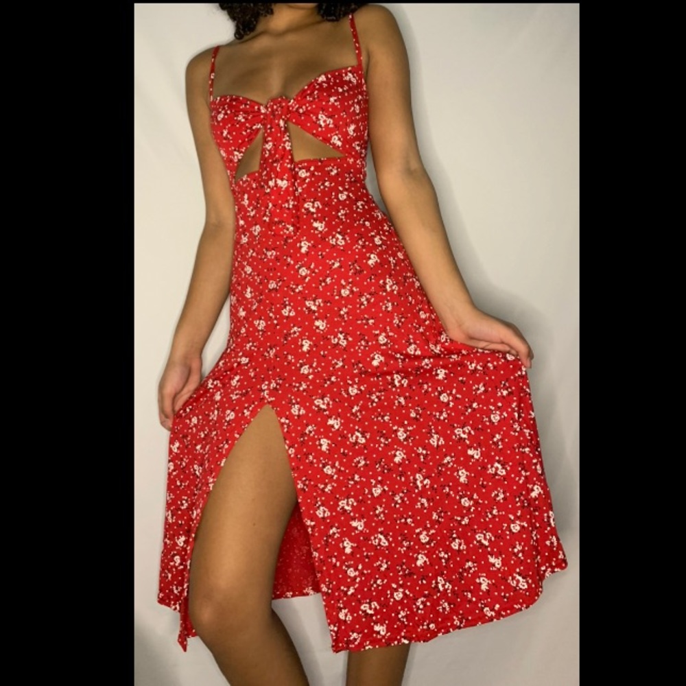 Red Floral Tie Front Dress